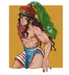 Rule 34 | 1boy, abs, ancient greek clothes, biceps, black hair, blue eyes, border, capelin s, cowboy shot, greco-roman clothes, hat, highres, long hair, looking at viewer, minoan clothes, muscular, muscular male, nipples, original, peacock feathers, red hat, simple background, solo, topless male, white border, yellow background