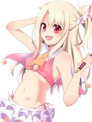 Rule 34 | 1girl, absurdres, arm up, bare arms, bare shoulders, blonde hair, blush, breasts, crop top, fate/grand order, fate/kaleid liner prisma illya, fate (series), feather hair ornament, feathers, female focus, hair between eyes, hair ornament, hand on own head, highres, holding, holding staff, illyasviel von einzbern, long hair, magical girl, magical ruby, midriff, miniskirt, navel, open mouth, prisma illya, red eyes, sidelocks, simple background, skirt, sleeveless, small breasts, solo, staff, star (symbol), stomach, straight hair, tank top, tei (oekakikaki), white background