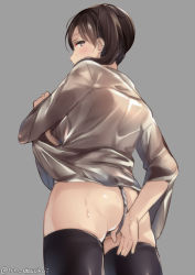Rule 34 | 1girl, ass, bad id, bad pixiv id, black thighhighs, blush, breasts, brown eyes, brown hair, cowboy shot, from behind, fundoshi, fundoshi pull, grey background, grey shirt, japanese clothes, juurouta, kaga (kancolle), kantai collection, long hair, long sleeves, looking at viewer, looking back, open clothes, open shirt, ponytail, profile, shiny skin, shirt, short hair, side ponytail, sideboob, simple background, solo, standing, sweat, thighhighs, twitter username, white shirt, wide sleeves