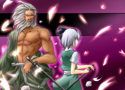 Rule 34 | 1boy, 1girl, back-to-back, beard, facial hair, gradient background, hair ribbon, highres, japanese clothes, katana, konpaku youki, konpaku youmu, muscular, one eye closed, petals, regls, ribbon, short hair, skirt, sword, touhou, weapon, wink, yamane akira