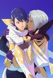 Rule 34 | 2boys, absurdres, alfonse (fire emblem), blonde hair, blue eyes, blue hair, closed mouth, couple, dark-skinned male, dark skin, fire emblem, fire emblem heroes, gradient hair, highres, looking at another, multicolored hair, multiple boys, mysterious man (fire emblem), nintendo, satanslash, yaoi