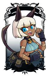 Rule 34 | 1girl, bare shoulders, belt buckle, belt pouch, blue background, blue eyes, bob cut, breasts, buckle, cat girl, claws, cleavage, collar, crop top, dark-skinned female, dark skin, fang, fingerless gloves, gloves, gradient background, highres, imeni-art, large breasts, looking at viewer, ms. fortune (skullgirls), navel, neck bell, pinky out, pouch, scar, sharp teeth, short hair, skullgirls, solo, teeth, white hair