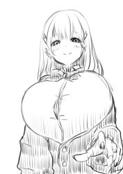 Rule 34 | 1girl, ankoh, blush, bow, bowtie, breasts, button gap, cleavage, closed mouth, collared shirt, ear piercing, goddess of victory: nikke, greyscale, hair ornament, huge breasts, jacket, long hair, monochrome, off-shoulder jacket, off shoulder, piercing, puffy sleeves, reaching, reaching towards viewer, shirt, sketch, smile, solo, tia (nikke)