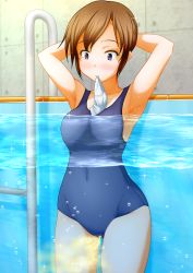 Rule 34 | 1girl, blue one-piece swimsuit, blush, breasts, brown hair, bubble, character request, copyright request, highres, medium breasts, one-piece swimsuit, partially submerged, peeing, peeing underwater, pool, pullpull (ieee1394beta), purple eyes, solo, sparkle, standing, swimsuit, thighs, tile floor, tiles, underwater, water, wet