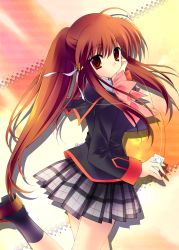 Rule 34 | 1girl, bow, brown eyes, brown hair, digital media player, highres, ipod, little busters!, long hair, md5 mismatch, natsume rin, original, pink bow, plaid, plaid skirt, pleated skirt, ponytail, rei (artist), rei (rei&#039;s room), resolution mismatch, school uniform, skirt, solo, source smaller