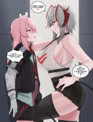 Rule 34 | 1boy, 1girl, :q, absurdres, against wall, animal ears, ansel (arknights), antenna hair, arknights, assertive female, bare shoulders, black choker, black jacket, black shorts, black thighhighs, blush, breasts, brown eyes, bulge, choker, cleavage, closed mouth, demon girl, demon horns, demon tail, english text, eye contact, from side, gloves, grey hair, heart, hetero, highres, horns, indoors, jacket, kanta (kanta 077), large breasts, long hair, long sleeves, looking at another, multicolored hair, necktie, official alternate costume, open clothes, open jacket, open mouth, pink hair, rabbit boy, rabbit ears, red hair, red necktie, shirt, short hair with long locks, short shorts, shorts, sideboob, sidelocks, smile, tail, taller female, tank top, thighhighs, tongue, tongue out, two-tone hair, w (arknights), white gloves, white shirt