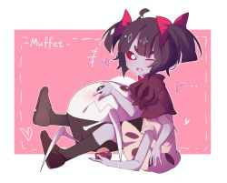 Rule 34 | 1girl, ;d, absurdres, ahoge, arthropod girl, bing zizi, black hair, black legwear, bow, brown footwear, character name, colored skin, extra arms, extra eyes, food, grey skin, highres, insect girl, looking at viewer, monster girl, muffet, muffet&#039;s pet, muffin, one eye closed, open mouth, pink background, pink bow, puffy sleeves, short hair, short twintails, sitting, smile, spider girl, twintails, undertale