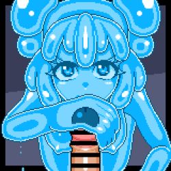 Rule 34 | 1boy, 1girl, animated, animated gif, bar censor, blue eyes, blue hair, breasts, censored, closed mouth, commission, glansjob, large breasts, looking at viewer, monster girl, nipples, original, penis, pixel art, pixiv commission, short hair, slime girl, smile, uramomo