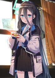 Rule 34 | 1girl, absurdres, aris (blue archive), bad id, bad pixiv id, blue archive, blue eyes, blue hair, blush, curtains, dark blue hair, hair between eyes, halo, headband, highres, jacket, long hair, looking at viewer, necktie, open mouth, playing games, school uniform, solo, very long hair, whitebear 96, window