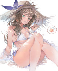 Rule 34 | 1girl, absurdres, alternate costume, bare legs, bikini, blue ribbon, blush, breasts, brown hair, brown hat, cgd-orange, chinese commentary, cleavage, commentary, dappled sunlight, flower, genshin impact, green eyes, grin, hat, hat flower, hat ribbon, highres, hilichurl (genshin impact), jacket, knees together feet apart, lisa (genshin impact), long hair, looking at viewer, medium breasts, purple flower, ribbon, simple background, sitting, smile, solo, spoken character, straw hat, string bikini, sunlight, swimsuit, thighs, unworn jacket, water, water drop, wavy hair, white background, white bikini, white jacket, wrist cuffs