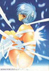 Rule 34 | 1girl, ass, ayanami rei, bandages, blue hair, breasts, carnelian, eyepatch, feathers, highres, large breasts, looking at viewer, naked ribbon, neon genesis evangelion, ribbon, short hair, sideboob, solo