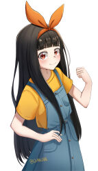 Rule 34 | 1girl, absurdres, black hair, blue dress, blunt bangs, brown eyes, closed mouth, cowboy shot, dress, hair ribbon, hand on own hip, hand up, highres, iskandariis, long hair, looking at viewer, make heroine ga oo sugiru!, multicolored hair, nukumizu kaju, orange ribbon, ribbon, shirt, short sleeves, simple background, solo, streaked hair, t-shirt, three quarter view, twitter username, white background, yellow shirt