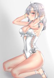 Rule 34 | 1girl, absurdres, breasts, casual one-piece swimsuit, commentary request, cosplay, flower, frilled swimsuit, frills, gradient background, grey eyes, grey hair, hair flower, hair ornament, hairband, highleg, highleg swimsuit, highres, kantai collection, kneeling, long hair, medium breasts, one-piece swimsuit, sagiri (kancolle), sagiri (kancolle) (cosplay), seyrensophia, side-tie swimsuit, solo, suzutsuki (kancolle), swimsuit, toeless footwear, white one-piece swimsuit
