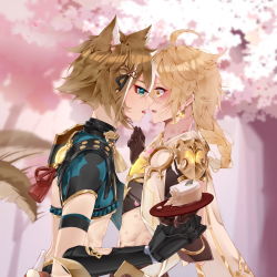 Rule 34 | aether (genshin impact), after kiss, animal ears, aqua eyes, armor, black gloves, blonde hair, braid, brown hair, buzheng61241, cape, crop top, dog boy, dog ears, earrings, food, french kiss, genshin impact, gloves, gorou (genshin impact), hair between eyes, hair ornament, highres, japanese armor, japanese clothes, jewelry, kiss, long hair, male focus, midriff, multicolored hair, navel, open mouth, plate, saliva, scar, scar on neck, scar on stomach, short hair, single earring, stomach, streaked hair, tongue, tongue out, white cape, white hair, yaoi, yellow eyes