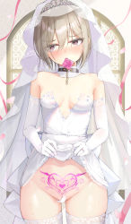 Rule 34 | 1girl, akie (44265104), bare shoulders, black collar, blush, breasts, bridal veil, chain, cherry blossoms, clothes lift, collar, condom, condom in mouth, condom wrapper, convenient censoring, cross, cross earrings, dress, dress lift, earrings, elbow gloves, falling petals, frills, furrowed brow, gloves, gluteal fold, heart, heart tattoo, highres, jewelry, lifted by self, light brown hair, looking away, looking to the side, mouth hold, original, petals, pink ribbon, pubic tattoo, ribbon, short hair, single earring, skindentation, small breasts, solo, strapless, strapless dress, sweat, tattoo, thighhighs, tiara, veil, wedding dress, white gloves, white thighhighs