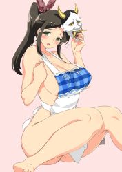 Rule 34 | 10s, 1girl, :o, apron, arm up, bare legs, barefoot, blush, breasts, collarbone, flying sweatdrops, goshiki suzu, green eyes, hair ribbon, highres, holding, horns, knees together feet apart, large breasts, looking at viewer, mask, murakumo (senran kagura), naked apron, oni mask, open mouth, pink background, ponytail, ribbon, senran kagura, sideboob, sidelocks, simple background, sitting, solo, sweatdrop