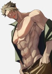 Rule 34 | 1boy, abs, achilles (fate), bara, bare pectorals, breasts, brown pants, collarbone, fate/grand order, fate (series), from below, green shirt, grey background, hand in pocket, haruakira, highres, large breasts, looking down, male focus, muscular, muscular male, no nipples, open clothes, open mouth, open shirt, orange eyes, pants, pectorals, shirt, short hair, solo, teeth, tongue, tongue out, upper teeth only, veins, veiny arms, veiny crotch, veiny hands, veiny pectorals
