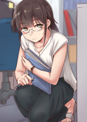 Rule 34 | 1girl, absurdres, alternate costume, alternate hairstyle, bespectacled, black pants, chair, closed mouth, glasses, hatsuzuki (kancolle), highres, holding, holding pen, indoors, kantai collection, kiritto, long hair, office, office chair, office lady, pants, pen, sandals, shirt, short sleeves, solo, squatting, sweat, swivel chair, watch, white shirt, wristwatch, yellow eyes