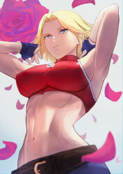 Rule 34 | 1girl, absurdres, armpits, arms behind head, arms up, bbbq51, belt, blonde hair, blue eyes, blue mary, bob cut, breasts, covered erect nipples, crop top, denim, fingerless gloves, flipped hair, floral background, forehead, from below, gloves, highres, impossible clothes, impossible shirt, jeans, large breasts, linea alba, looking at viewer, medium hair, midriff, navel, pants, parted hair, petals, shirt, sideboob, sleeveless turtleneck crop top, straight hair, the king of fighters, turtleneck crop top, upper body