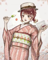 Rule 34 | 1girl, :o, absurdres, bow, braid, brown eyes, brown hair, cherry blossoms, commentary, cowboy shot, dango, dropping, earrings, eyebrows hidden by hair, flower, food, hair flower, hair ornament, hands up, hat, hat bow, highres, holding, holding food, japanese clothes, jewelry, kimono, mole, mole under eye, obi, obiage, obijime, open mouth, original, pink kimono, sanshoku dango, sash, sayoko (sayosny2), signature, solo, teeth, twin braids, twintails, wagashi, white hat, wide sleeves, yukata