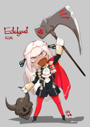 Rule 34 | 1girl, absurdres, ascot, axe, blonde hair, blue eyes, cape, chibi, edelgard von hresvelg, fire emblem, fire emblem: three houses, gloves, hair ornament, hair ribbon, highres, l.wolf, long hair, looking at viewer, nintendo, pantyhose, red cape, red pantyhose, ribbon, simple background, solo, uniform, weapon