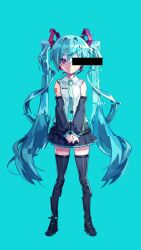 Rule 34 | 1girl, anonymous m (vocaloid), aqua background, aqua hair, aqua necktie, bar censor, bare shoulders, black skirt, black sleeves, black thighhighs, censored, commentary, detached sleeves, expressionless, full body, glitch, hair ornament, hatsune miku, hatsune miku (vocaloid4), headphones, headset, highres, identity censor, long hair, miniskirt, necktie, one eye covered, own hands together, picklehaterx x, pink eyes, pleated skirt, ringed eyes, shirt, shoulder tattoo, skirt, sleeveless, sleeveless shirt, solo, standing, straight-on, tattoo, thighhighs, twintails, v4x, very long hair, vocaloid, white shirt, zettai ryouiki