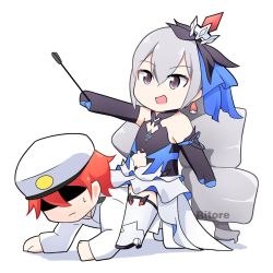 Rule 34 | 1boy, 1girl, :d, black gloves, bronya zaychik, bronya zaychik (herrscher of reason), captain (honkai impact), chibi, drill hair, earrings, elbow gloves, full body, gloves, grey eyes, grey hair, hair between eyes, hair ornament, hat, highres, holding, honkai (series), honkai impact 3rd, human chair, human furniture, jewelry, long hair, military, military hat, military uniform, open mouth, red hair, riding crop, ritore, simple background, sitting, sitting on person, smile, sweatdrop, thighhighs, twin drills, uniform, white background, white footwear, white headwear, white thighhighs