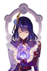 Rule 34 | 1girl, armor, breasts, closed eyes, closed mouth, commentary, commentary request, english commentary, flower, genshin impact, hair ornament, highres, japanese clothes, kimono, litarnes, long hair, mitsudomoe (shape), mixed-language commentary, obi, obijime, ponytail, purple flower, purple hair, raiden shogun, ribbon, sash, shoulder armor, simple background, smile, solo, tassel, tomoe (symbol), white background, wide sleeves