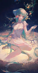 Rule 34 | 1girl, absurdres, aqua hair, branch, breasts, china dress, chinese clothes, cleavage, cleavage cutout, clothing cutout, double bun, dress, flower, gold footwear, hair bun, hair flower, hair ornament, hand up, hatsune miku, highres, holding, holding own hair, huge filesize, leaf, long hair, looking at viewer, maccha (mochancc), medium breasts, red flower, shaohua hatsune miku, short sleeves, side slit, solo, very long hair, vocaloid, white dress