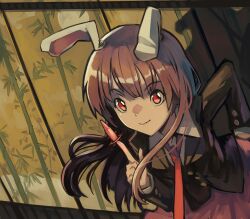 Rule 34 | 1girl, absurdres, animal ears, arm behind back, bamboo, black jacket, blazer, breasts, bullet, buttons, collared shirt, dress shirt, finger gun, hand up, highres, index finger raised, indoors, jacket, kornod, leaning forward, long hair, long sleeves, looking at viewer, medium breasts, necktie, pink skirt, purple hair, rabbit ears, red eyes, red necktie, reisen udongein inaba, shirt, skirt, smile, solo, touhou, white shirt