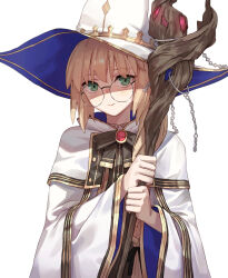 Rule 34 | 1girl, blonde hair, blush, bow, bowtie, braid, breasts, brooch, cloak, dress, fate/grand order, fate (series), glasses, gold trim, green eyes, hat, highres, jewelry, large breasts, long hair, looking at viewer, round eyewear, smile, solo, staff, tesin (7aehyun), aesc (fate), white cloak, white dress, white hat, witch hat