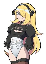 Rule 34 | 1girl, 2b (nier:automata), 2b (nier:automata) (cosplay), absurdres, arms behind back, black hairband, blonde hair, breasts, cleavage, cleavage cutout, clothing cutout, commentary, cosplay, cowboy shot, creatures (company), cynthia (pokemon), english commentary, eyebrows hidden by hair, game freak, grey eyes, hair over one eye, hairband, highres, kermittend, leotard, long hair, nier:automata, nier (series), nintendo, pokemon, pokemon dppt, small breasts, solo, thighhighs, very long hair