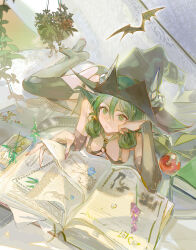 Rule 34 | 1girl, apple, bikini, bikini top only, black bikini, black hat, black skirt, black thighhighs, book, breasts, closed mouth, commentary request, detached sleeves, fingernails, food, fruit, green eyes, grey hair, hair between eyes, hat, highres, lying, medium breasts, no shoes, noir (ibaraki), open book, reading, red nails, skirt, solo, swimsuit, thighhighs, unicorn overlord, witch, witch hat, yahna (unicorn overlord)