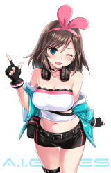 Rule 34 | 1girl, ;d, alternate hairstyle, aqua eyes, bare shoulders, belt, bike shorts, blue jacket, blush, breasts, brown hair, choker, cleavage, collarbone, commentary request, cowboy shot, fingerless gloves, gloves, hairband, heart, highres, jacket, kizuna ai, kizuna ai (a.i. games), kizuna ai inc., large breasts, midriff, multicolored hair, navel, official alternate costume, one eye closed, open mouth, pink hair, pouch, short hair, short shorts, shorts, simple background, smile, solo, stomach, strapless, streaked hair, swept bangs, thigh gap, virtual youtuber, white background, zaxwu