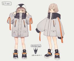 Rule 34 | 1girl, adjusting hood, animal costume, black footwear, bob cut, boots, brown eyes, brown hair, character sheet, coat, commentary, expressionless, covered mouth, looking at viewer, looking to the side, multiple views, oversized clothes, penguin costume, pocket, short hair, shugao, simple background, sleeves past wrists, white background