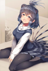 Rule 34 | 10s, 1girl, :d, african porcupine (kemono friends), animal ears, bag, between legs, black hair, blue footwear, blush, breasts, collared shirt, commentary request, gradient hair, half-closed eyes, hand between legs, highres, kemono friends, kokka han, long sleeves, looking at viewer, medium breasts, multicolored hair, nail polish, necktie, on floor, open mouth, own hands together, pantyhose, red eyes, shirt, shoes, sidelocks, silver hair, sitting, skirt, sleeves past wrists, smile, solo, striped clothes, striped skirt, sweater vest, thighband pantyhose, v arms, wariza, white nails, white necktie, white shirt, wing collar, wooden floor