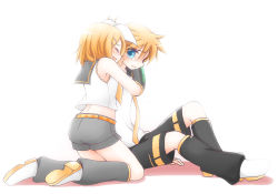 Rule 34 | 1boy, 1girl, back, blonde hair, bloom, blue eyes, blush, bow, brother and sister, crop top, crying, crying with eyes open, detached sleeves, closed eyes, full body, hair bow, hair ornament, hairclip, hetero, hug, hug from behind, kagamine len, kagamine rin, kneeling, leg warmers, nao (flake), necktie, sailor collar, short hair, short ponytail, shorts, siblings, sitting, tears, twins, vocaloid