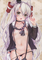 Rule 34 | 1girl, absurdres, amatsukaze (kancolle), blush, breasts, choker, fang, hair ornament, highres, kantai collection, long hair, navel, obiwan, open mouth, panties, silver hair, small breasts, two side up, underwear, very long hair