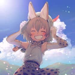 Rule 34 | 10s, 1girl, ^ ^, adjusting clothes, adjusting headwear, animal ears, armpits, bare shoulders, belt, blush, borrowed clothes, bow, bowtie, cat ears, closed eyes, cloud, cloudy sky, cross-laced clothes, day, elbow gloves, eyelashes, facing viewer, fang, flat chest, gloves, grin, hair between eyes, hands on headwear, hands up, hat, hat feather, kemono friends, kyouno, mountain, orange hair, outdoors, sandstar, serval (kemono friends), serval print, shirt, short hair, skirt, sky, sleeveless, sleeveless shirt, smile, solo, teeth, upper body, white hat, white shirt