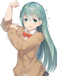 Rule 34 | 1girl, aqua eyes, aqua hair, bras d&#039;honneur, brown cardigan, cardigan, clenched hand, hair ornament, hairclip, highres, kantai collection, long hair, looking at viewer, meth (emethmeth), orange neckwear, school uniform, simple background, sleeves rolled up, solo, suzuya (kancolle), tongue, tongue out, upper body, white background