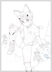 Rule 34 | 1boy, android, animal ears, bell, neck bell, boots, bulge, cameo, cassue, cat boy, cat ears, cat tail, collar, dress, elbow gloves, fingerless gloves, from above, gloves, highres, lineart, long hair, male focus, monochrome, muscular, natsuki (natsuyasumi.), natsuyasumi., navel, nipples, original, po-ju, sitting, solo, tail, thighhighs, white background, unfinished