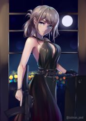 Rule 34 | 1girl, absurdres, alternate breast size, alternate hairstyle, an-94, an-94 (girls&#039; frontline), an-94 (silent rouge) (girls&#039; frontline), assault rifle, backless dress, backless outfit, bare shoulders, belt, black dress, black gloves, blonde hair, blue eyes, blurry, bokeh, breasts, caiman pool, city lights, cleavage, cleavage cutout, clothing cutout, cowboy shot, criss-cross halter, depth of field, dress, folded ponytail, girls&#039; frontline, gloves, gun, hair up, halterneck, head tilt, highres, holding, holding gun, holding weapon, indoors, large breasts, looking at viewer, moon, night, official alternate costume, parted lips, rifle, sideboob, sidelocks, single glove, solo, trigger discipline, twitter username, weapon, window, wristband