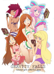 Rule 34 | 10s, 2016, 5girls, barefoot, bikini, blonde hair, blush, blush stickers, book, bow, braces, breasts, brown hair, cellphone, copyright name, dress, freckles, frilled bikini, frills, full body, giffany, gravity falls, hair bow, highres, journal, kneeling, long hair, looking at viewer, looking back, mabel pines, medium breasts, multicolored hair, multiple girls, orange hair, pacifica northwest, phone, pig, pink hair, purple bikini, short hair, simple background, smartphone, smile, streaked hair, striped bikini, striped clothes, sundress, swimsuit, tagme, tambry, underboob, very long hair, waddles, wendy corduroy, white background