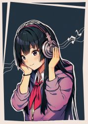 Rule 34 | 1girl, akg, akg k-series headphones, akiyama mio, black eyes, black hair, blue background, blush, closed mouth, collared shirt, commentary, hands on headphones, headphones, hood, hood down, hoodie, k-on!, long hair, looking at viewer, musical note, neckerchief, red neckerchief, satchely, shirt, smile, solo, white shirt, wing collar, wristband