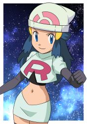 Rule 34 | 1girl, beanie, blue eyes, border, clenched hand, closed mouth, commentary request, cosplay, cowboy shot, creatures (company), cropped jacket, dawn (pokemon), elbow gloves, eyelashes, game freak, gloves, hainchu, hair ornament, hairclip, hand up, hat, highres, jacket, jessie (pokemon), jessie (pokemon) (cosplay), logo, long hair, navel, nintendo, pokemon, pokemon (anime), pokemon dppt (anime), shirt, sidelocks, skirt, smile, solo, space, team rocket, team rocket uniform, white border