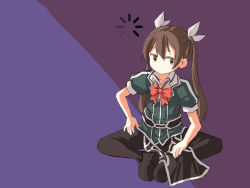 Rule 34 | 1girl, brown eyes, brown hair, full body, hair ribbon, kantai collection, leggings, one-hour drawing challenge, pelvic curtain, purple background, ribbon, sitting, sixten, solo, tone (kancolle), twintails, white background