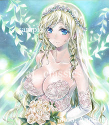 Rule 34 | artist name, at classics, bare shoulders, blonde hair, blue eyes, bouquet, breasts, bridal veil, bride, cleavage, closed mouth, dress, elbow gloves, flower, gloves, hair flower, hair ornament, holding, holding bouquet, large breasts, leaf hair ornament, long hair, looking at viewer, original, sample watermark, sidelocks, smile, solo, traditional media, upper body, veil, very long hair, watermark, wedding dress, white gloves