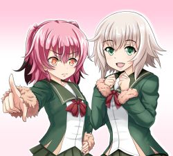 Rule 34 | 10s, 2girls, :d, black hair, blonde hair, blush, bow, bowtie, colored tips, commentary request, gradient background, green eyes, green jacket, green skirt, hair between eyes, jacket, kantai collection, kunashiri (kancolle), long sleeves, multicolored hair, multiple girls, open mouth, pink background, pink hair, pleated skirt, red bow, red bowtie, shimushu (kancolle), short hair, skirt, smile, tk8d32, two-tone hair, two side up, yellow eyes