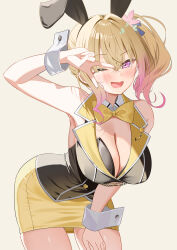 Rule 34 | 1girl, animal ears, armpits, bare shoulders, black vest, blonde hair, bow, bowtie, breasts, bunny garden, cleavage, collared vest, commentary request, cowboy shot, crossed bangs, fake animal ears, gradient hair, hair between eyes, hair intakes, highres, large breasts, leaning forward, leotard, looking at viewer, miniskirt, multicolored hair, one eye closed, open mouth, pencil skirt, pink eyes, pink hair, piyopoyo, playboy bunny, rabbit ears, rin (bunny garden), side ponytail, simple background, skirt, smile, solo, v over eye, vest, white wrist cuffs, wrist cuffs, yellow background, yellow bow, yellow bowtie, yellow skirt