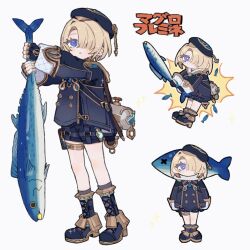 Rule 34 | &gt; &lt;, animal, beret, blonde hair, blue eyes, blush, boots, fingerless gloves, fish, freckles, freminet (genshin impact), full body, genshin impact, gloves, hair over one eye, hat, highres, holding, holding animal, holding fish, holding weapon, jacket, long sleeves, luxurious sea-lord, multiple views, no mouth, parted lips, shorts, simple background, standing, tumi 2310, vision (genshin impact), weapon, x x